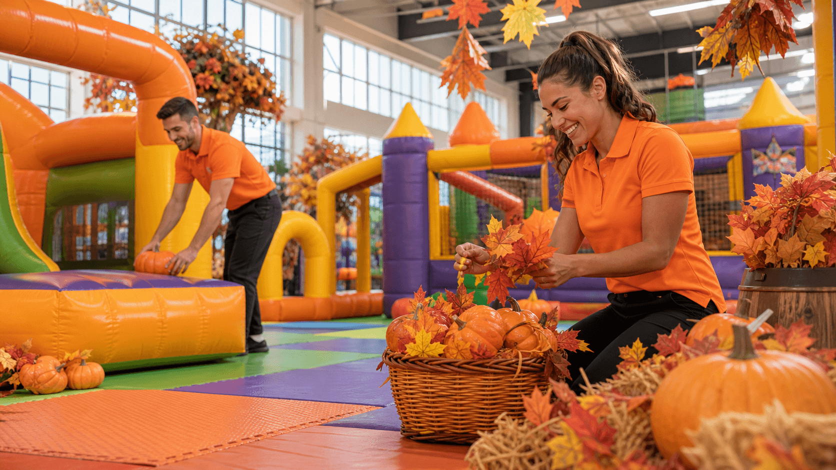 Colorful indoor playground with slides, climbing structures, and warm autumn decorations under bright lights.